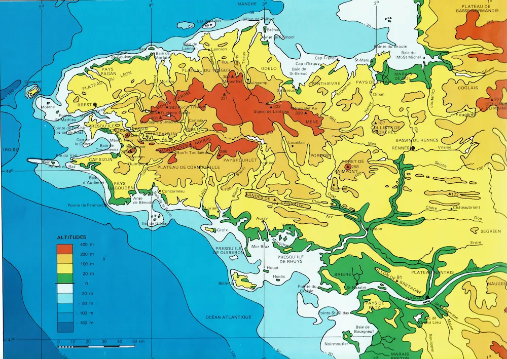 Carte détaillée des altitudes en Bretagne