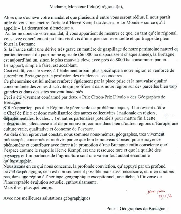 Lettre concernant la gestion du patrimoine en Bretagne.