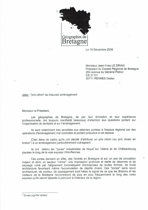 Lettre adressée au Président du Conseil Régional.