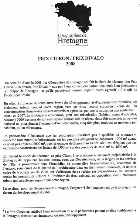 Présentation du Prix Citron 2008 en Bretagne.