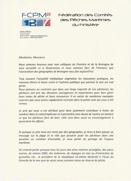 Lettre de la Fédération des Comités de Pêches.