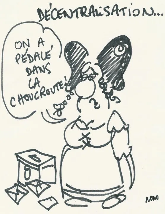 Dessin humoristique sur la décentralisation en France.