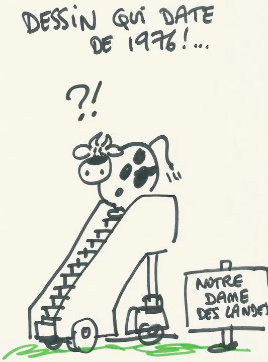 Une vache montant un escalier en 1976.