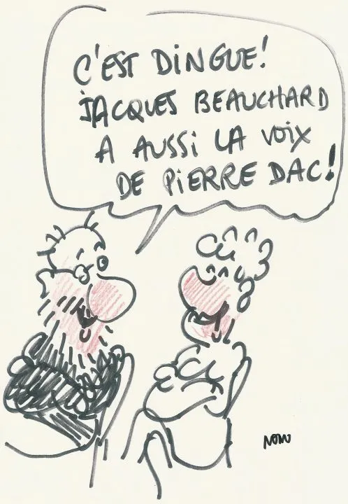 Deux personnages discutent avec humour.