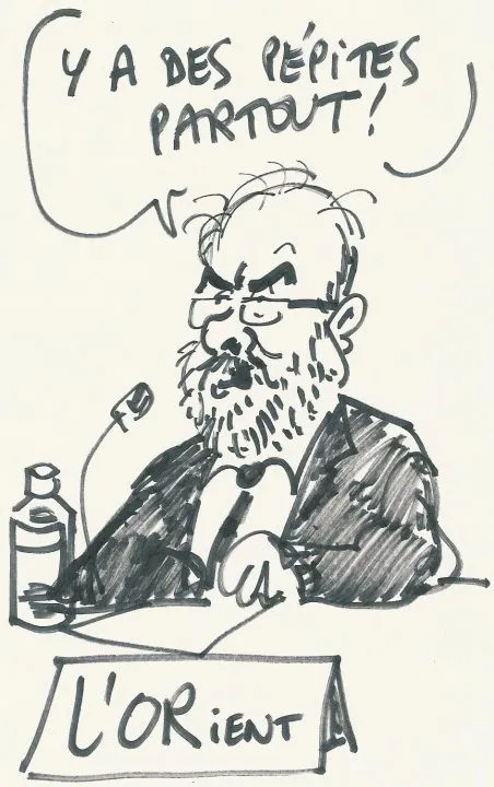 Caricature d'un homme parlant avec intensité.