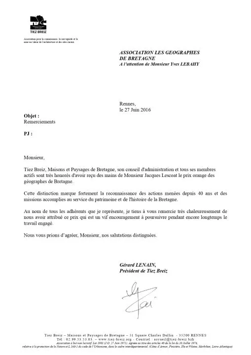 Lettre de remerciements de l'association Tiez Breiz