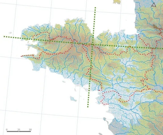 Carte des rivières et reliefs en Bretagne