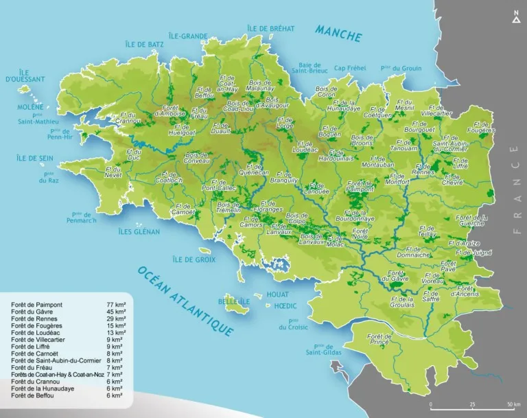 Carte des forêts de Bretagne, France.