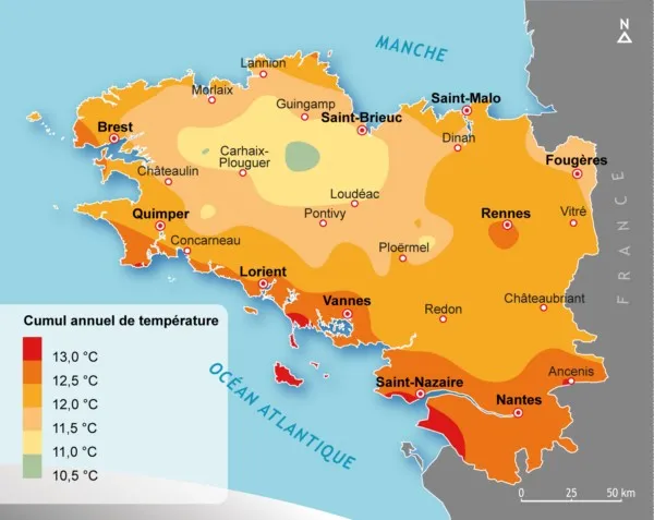 Carte des températures annuelles en Bretagne.