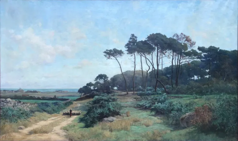 Paysage serein avec arbres et sentier.